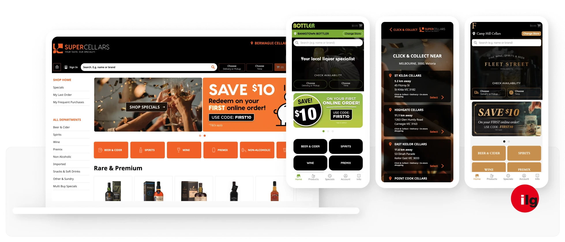 Screenshot of ILG brands, including Bottler, Supercellars, and Fleetstreet e-commerce platforms.