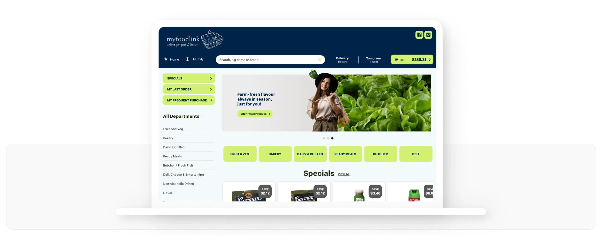 Screenshot of a template for a grocery store using the Myfoodlink logo and system