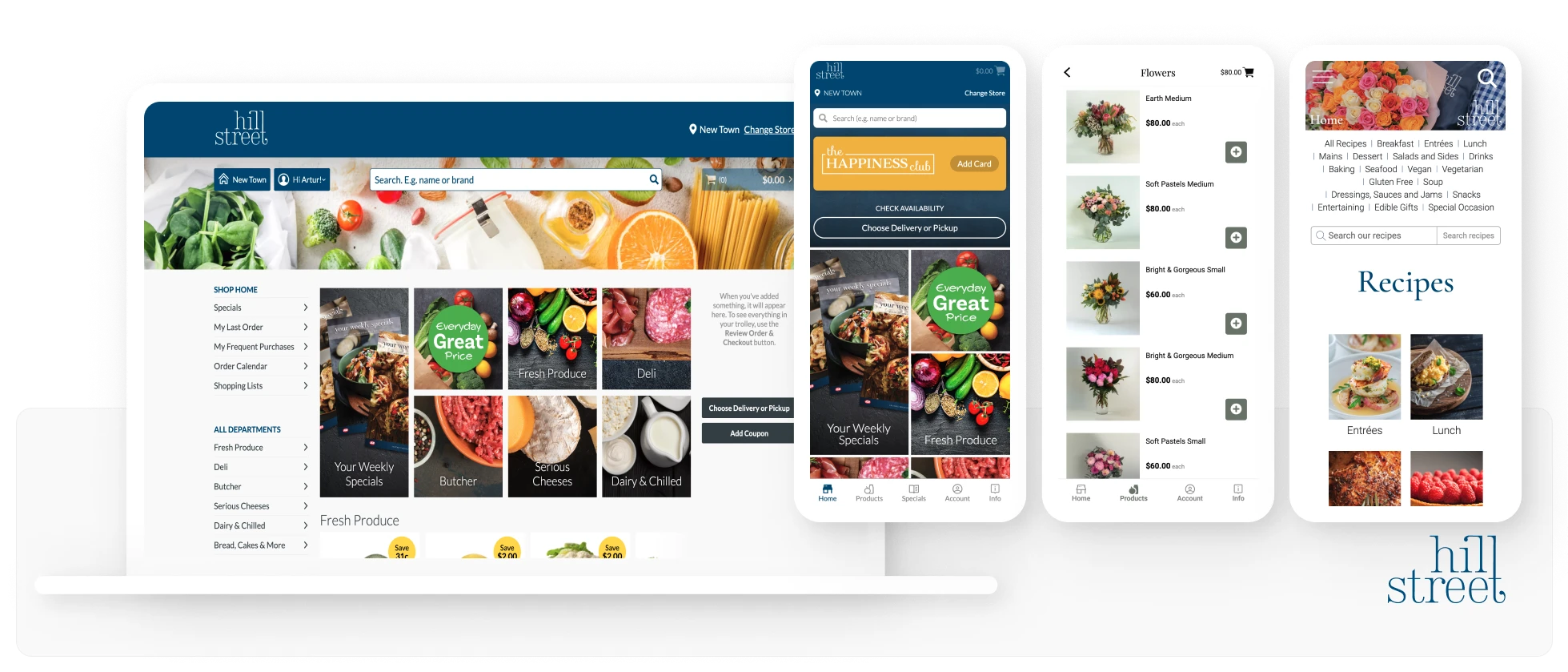 Screenshot of the Hillstreet ecommerce store, the Hillstreet home online store, and recipes on the Hillstreet website