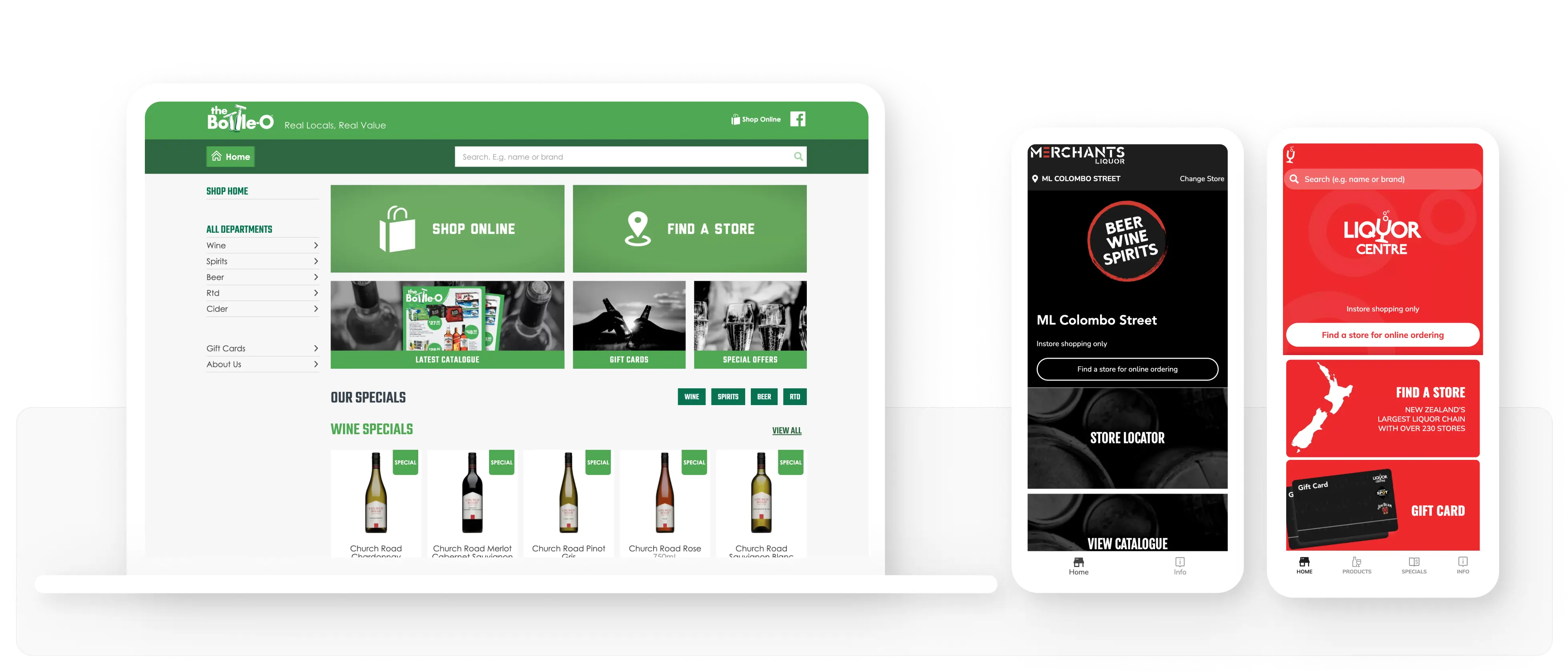 Three screens showing different liquor store websites or apps. The first screen is The Bottle-O with options to shop online, find a store, and view wine specials. The second screen is Merchants Liquor, featuring a store locator and beer, wine, and spirits