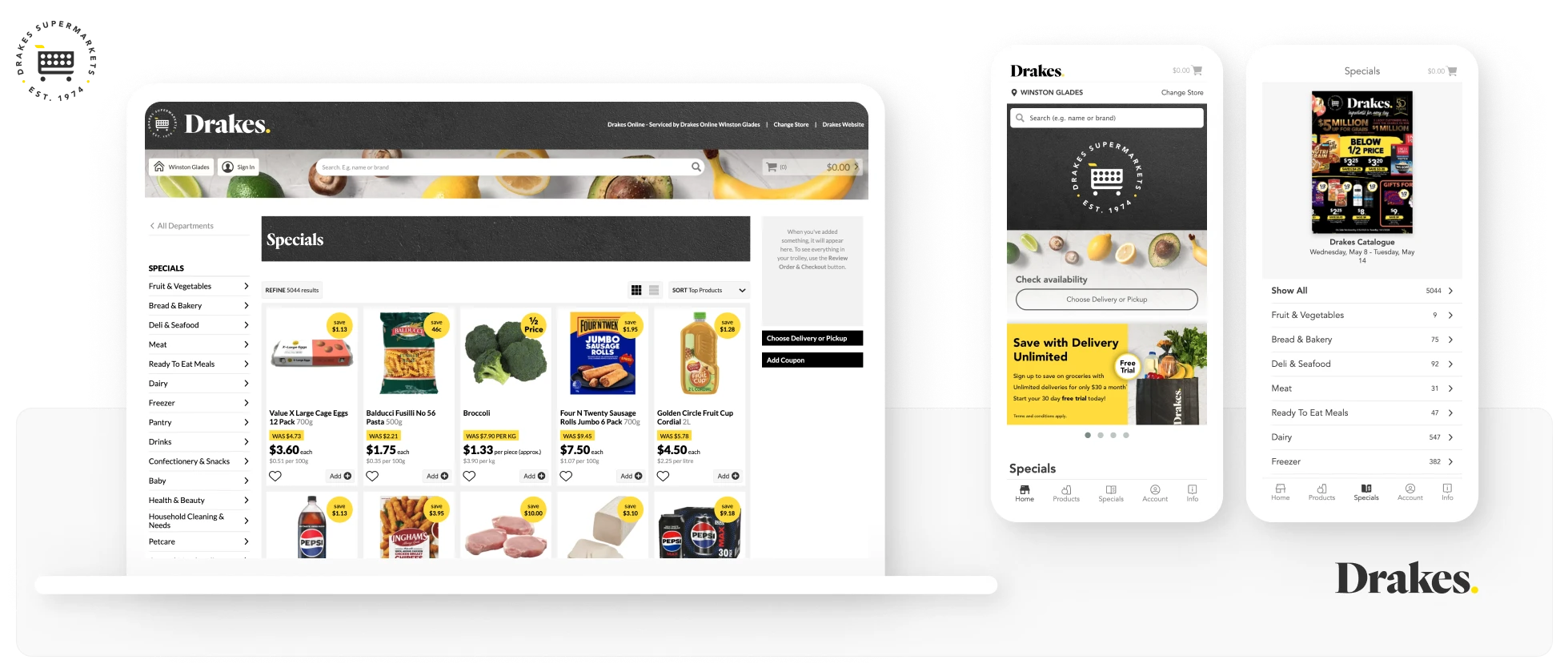 Screenshot of Drakes ecommerce